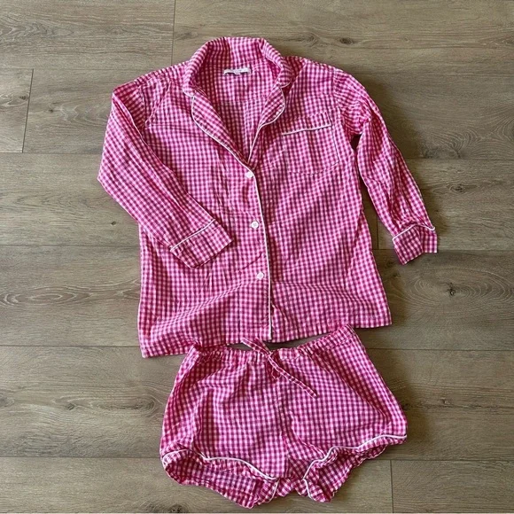 Marigot Maya Check Short Pajama Set Pink Plaid Pajama 100% Cotton XS - Picture 2 of 9